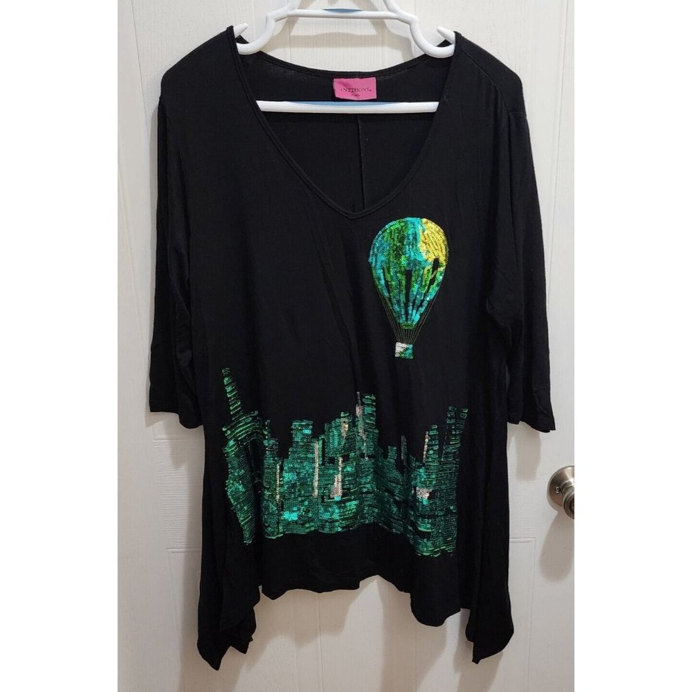 ANTTHONY Womens 3/4 Sleeve Top Jagged Hem Sequins Embellished Hot Air Balloon 2X